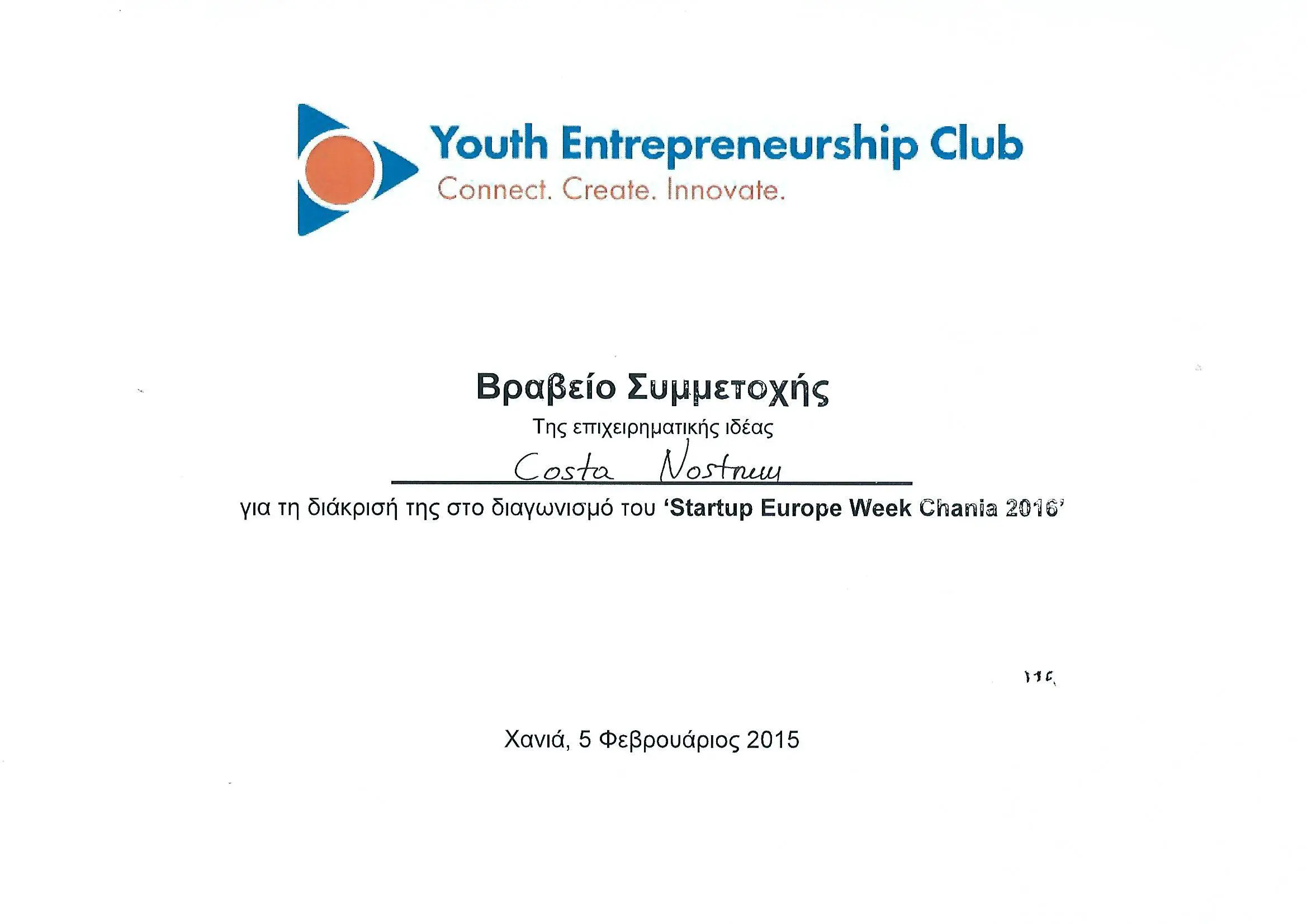 costa nostrum award Youth Enterpreneurship Club